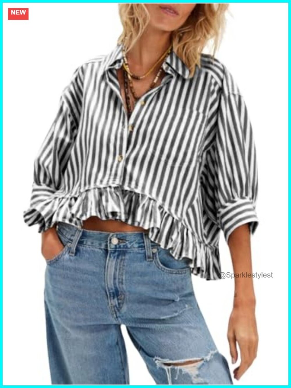 Womens Cropped Striped Button Down Shirt Ruffle Hem V Neck Summer Blouse